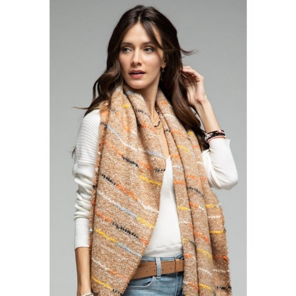 NEW Colorful Stitch with Metallic Glitz Soft Fringe Tassel Oblong Scarf Beige - Picture 2 of 8